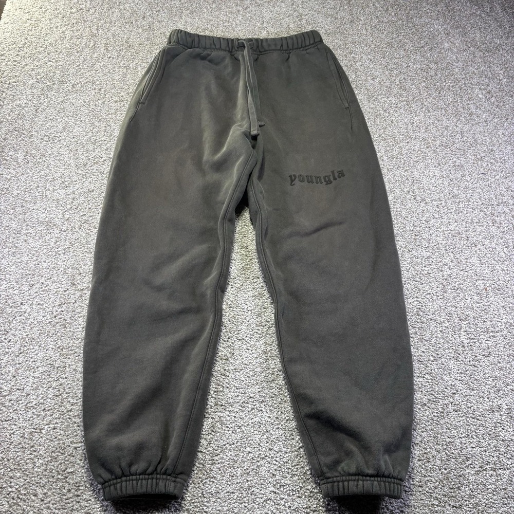 YoungLA Mens Medium Green Fleece Jogger Pants Elastic Waist Pockets 266 YLA2622